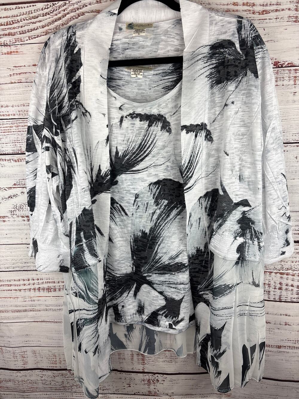 Impulse California Black White Floral 2 Piece Set Tank Cardigan Sequin Womens XL